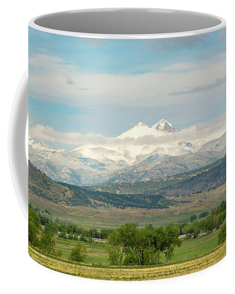 Twin Peaks Coffee Mug featuring the photograph Longs Peak after a Spring Snow by Aaron Spong