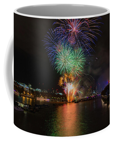 Thames Coffee Mug featuring the photograph Lord Mayor firework show in London by Andrew Lalchan