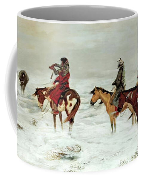 Western Coffee Mug featuring the painting Lost In A Snowstorm We Are Friends by Charles Russel