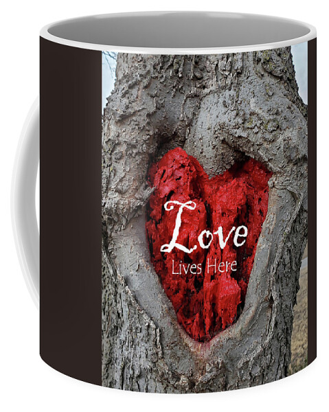 Love Coffee Mug featuring the photograph LOVE LIVES HERE Red Heart In a Tree by Lynnie Lang