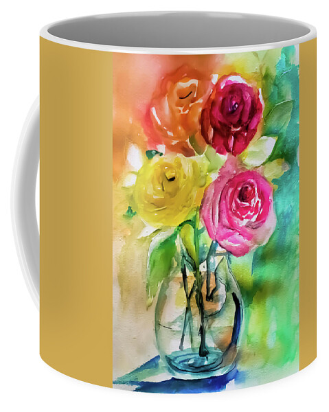 Roses Coffee Mug featuring the painting Lovely Colorful Roses In A Glass Vase by Lisa Kaiser