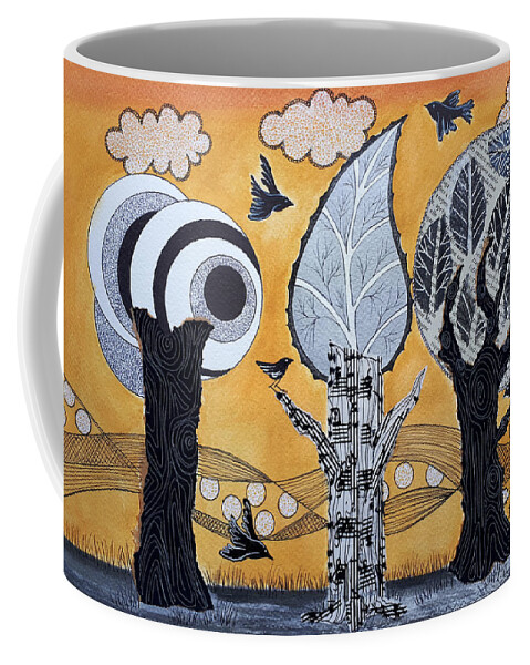 Illustration Coffee Mug featuring the painting Lovely trees and birds. by Graciela Bello