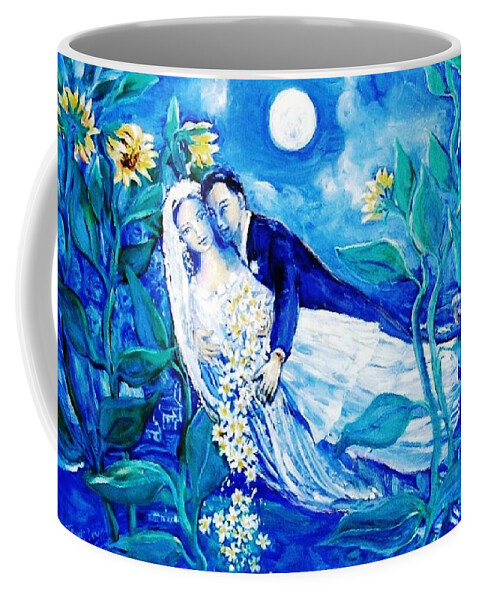 Young Lovers Coffee Mug featuring the painting Lovers and Sunflowers .. after Chagall by Trudi Doyle