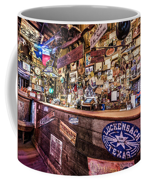 Dark Coffee Mug featuring the photograph Luckenbach Bar by Andy Crawford