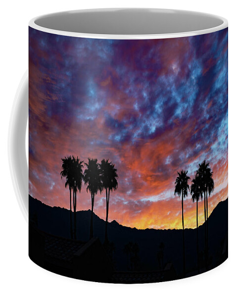 Sunset Coffee Mug featuring the photograph Luminous Desert Sunset Skies Behind Palm Trees, Palm Desert California by Bonnie Colgan