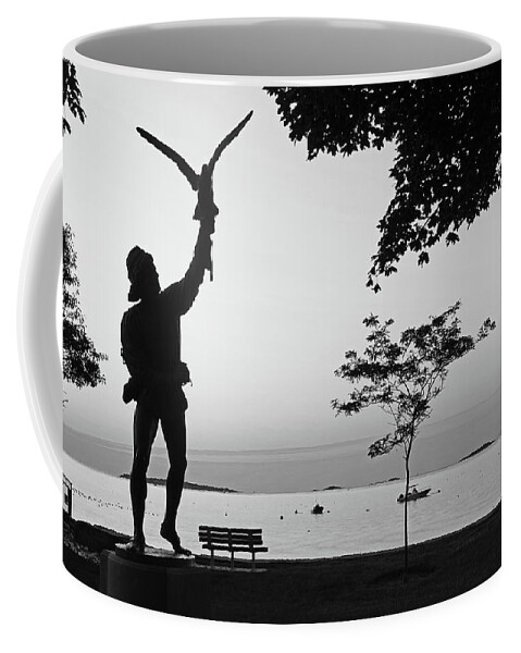 Beverly Coffee Mug featuring the photograph Lynch Park Statue at Sunrise Beverly MA trees Black and White by Toby McGuire