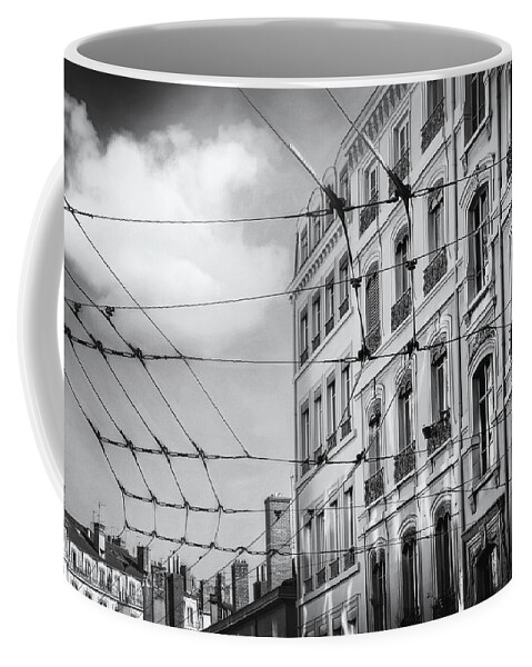 Lyon Coffee Mug featuring the photograph Lyon France Through a Web of Tram Lines Black and White by Carol Japp