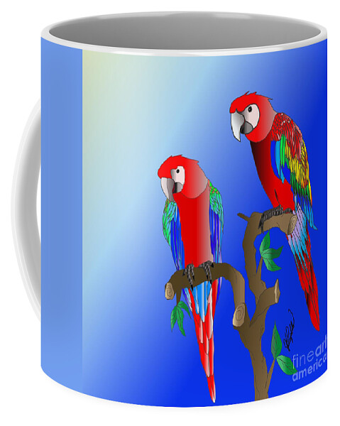 Digital Macaw Coffee Mug featuring the digital art Macaws in the tree by Jleopold Jleopold