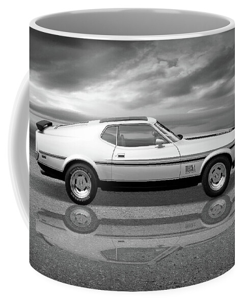 Ford Mustang Coffee Mug featuring the photograph Mach 1 Mustang Reflections in Black and White by Gill Billington