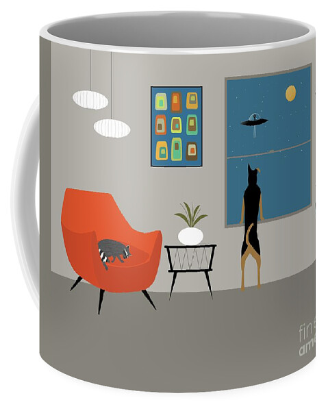 Mid Century Room Scene Coffee Mug featuring the digital art Macki and Raccoon Friend by Donna Mibus