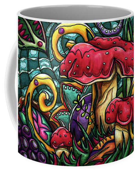 Magic Mushroom Coffee Mug featuring the painting Magic mushrooms painting, colorful mushrooms by Nadia CHEVREL