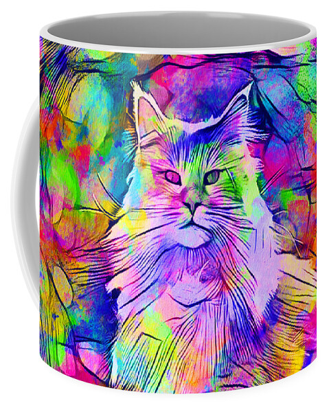 Maine Coon Coffee Mug featuring the digital art Maine Coon cat looking at camera - colorful lines digital painting by Nicko Prints