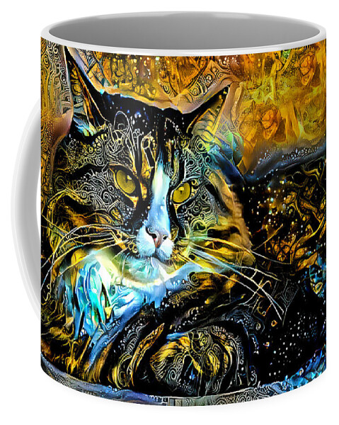 Maine Coon Coffee Mug featuring the digital art Maine Coon cat lying down - golden night design by Nicko Prints