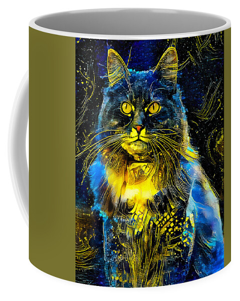 Maine Coon Coffee Mug featuring the digital art Maine Coon cat sitting - starry blue with yellow colorful painting by Nicko Prints