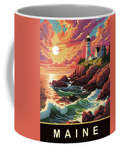 Maine Coffee Mug featuring the digital art Maine, Lighthouse by Long Shot
