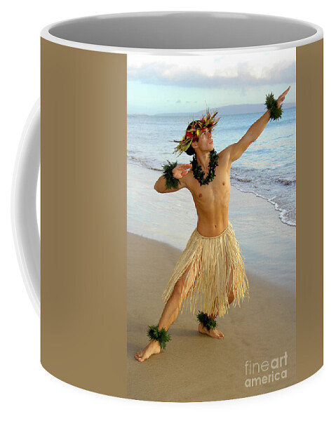 Beach Coffee Mug featuring the photograph Male Hula Dancer performing on the sand by Gunther Allen