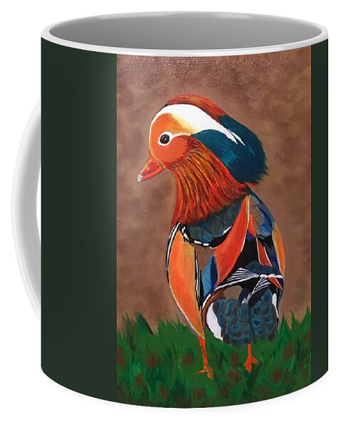  Coffee Mug featuring the painting Mandarin Duck-Fowl Play by Bill Manson