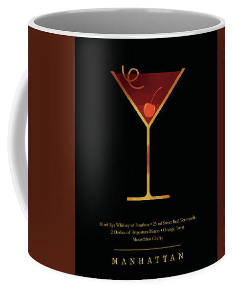 Manhattan Coffee Mug featuring the digital art Manhattan Cocktail - Classic Cocktail Print - Black and Gold - Modern, Minimal Lounge Art by Studio Grafiikka