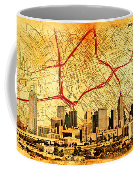 Dallas Coffee Mug featuring the digital art Map of Downtown Dallas with the skyline of the city blended on old paper by Nicko Prints