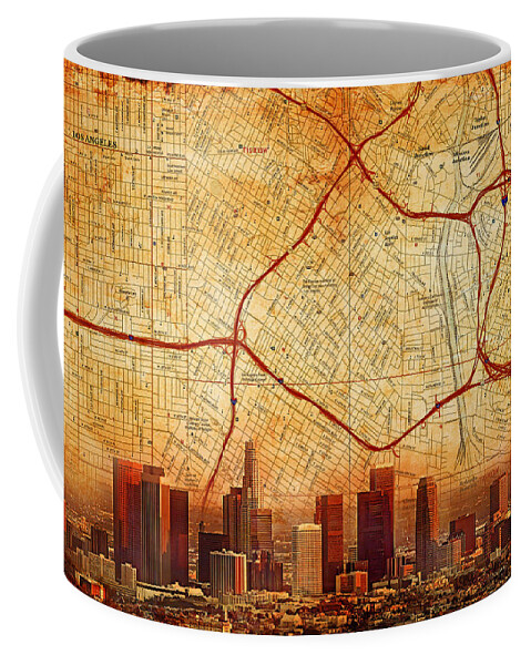 Los Angeles Map Coffee Mug featuring the digital art Map of Downtown Los Angeles and skyline blended on old paper by Nicko Prints