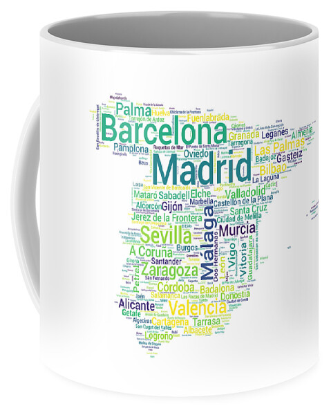Spain Map Coffee Mug featuring the digital art Map of Spain with Word Cloud of City Names by Alexios Ntounas