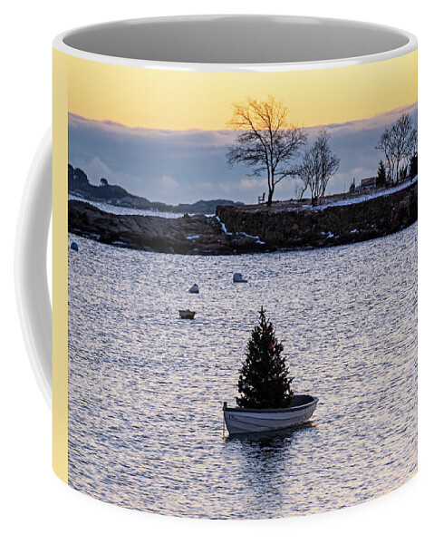 Marblehead Coffee Mug featuring the photograph Marblehead MA Little Harbor Row Boat Christmas Tree at Sunrise Gerry Island Row Boat by Toby McGuire