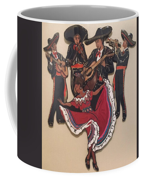 Mariachi Musicians Coffee Mug featuring the mixed media Mariachis and Folklorico Dancer by Bill Manson