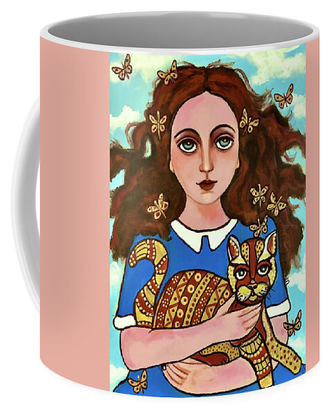 Butterflies Cat Calico Gold Girl Black Hair Blue Dress White Collar Flowers Coffee Mug featuring the painting Mariposa Gato by Susie Grossman