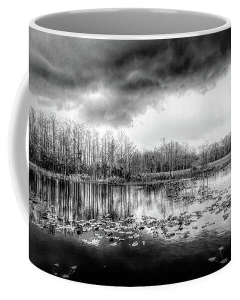 Black Coffee Mug featuring the photograph Marsh Under Thunderclouds Black and White by Debra and Dave Vanderlaan