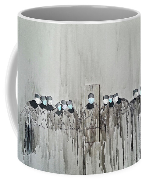 Contemporary Coffee Mug featuring the digital art Masked Last Supper by Fei A