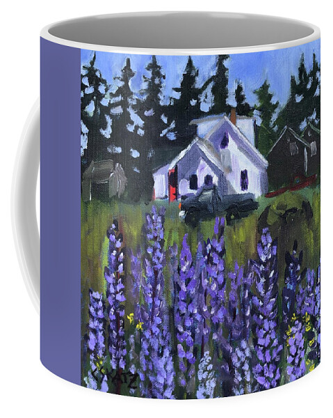 Maine Coffee Mug featuring the painting Matinicus House with Lupine by Cyndie Katz