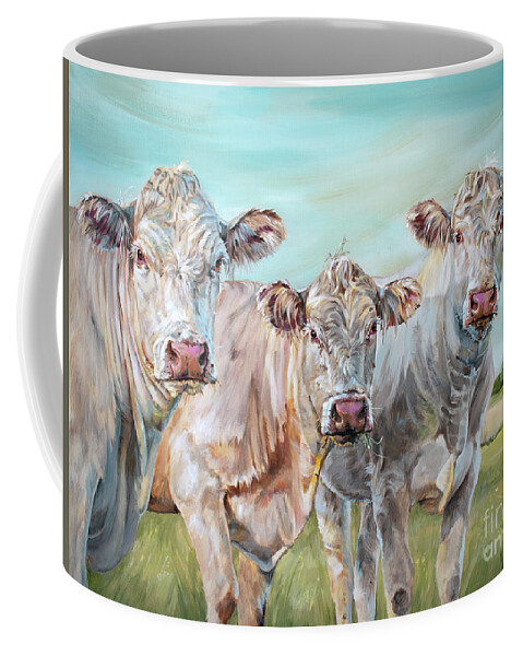 Cow Coffee Mug featuring the painting Mavis in the Middle - 3 Cows Painting by Annie Troe