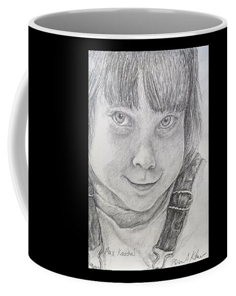 Gamin Child Young Boy Pencil Drawing Overalls Mischief Mischievous Coffee Mug featuring the drawing Max Kadel Drawing by Miriam A Kilmer