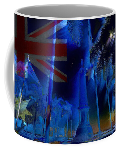 War Memorial Coffee Mug featuring the mixed media May They Be Bathed In His Light Anzac War Memorial Cairns by Joan Stratton