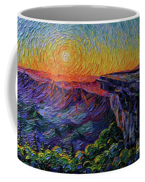 Mcafee Knob Appalachian Trail Coffee Mug featuring the painting McAfee Knob Appalachian trail sunrise - textured impressionism oil painting Mona Edulesco by Mona Edulesco