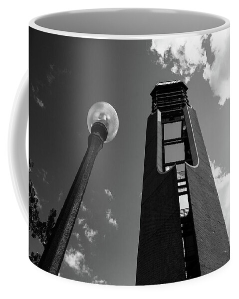 University Of Illinois Coffee Mug featuring the photograph McFarland Memorial Bell Tower at the University of Illinois in black and white by Eldon McGraw
