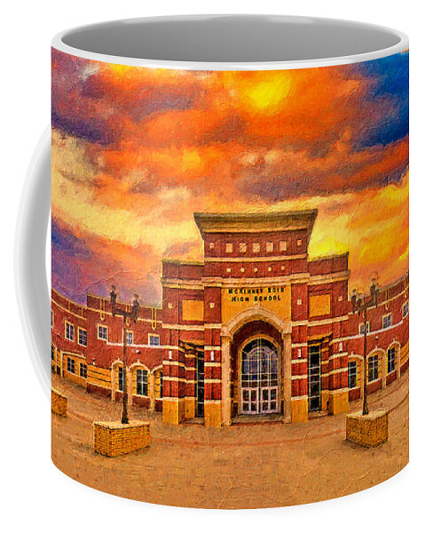 Mckinney Boyd High School Coffee Mug featuring the digital art McKinney Boyd High School at sunset - digital painting by Nicko Prints