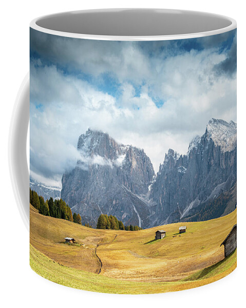 Mountain Landscape Coffee Mug featuring the photograph Meadow field and the Dolomiti rocky peaks Alpe di siusi Seiser Alm Italy by Michalakis Ppalis