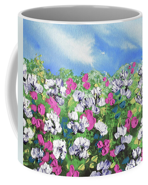 Abstract Flowers Coffee Mug featuring the painting Meadow With Pink White Blue Flowers Contemporary Decorative Art VI by Irina Sztukowski