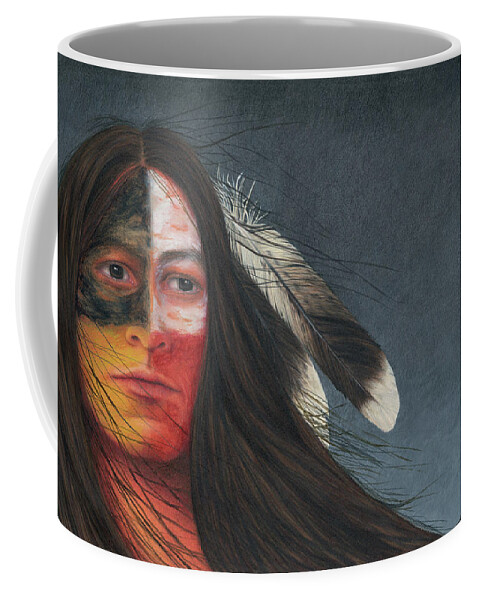 Native American; American Indian; Eagle Feathers; Medicine Wheel; Long Flowing Hair Coffee Mug featuring the painting Medicine Man by Valerie Evans