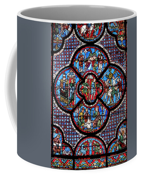 Chatre Coffee Mug featuring the glass art Medieval stained glass Window of Chartres dedicated to the Good Samaritan by Paul E Williams