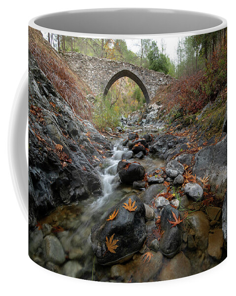 Autumn Coffee Mug featuring the photograph Medieval stoned bridge with water flowing in the river in autumn. by Michalakis Ppalis
