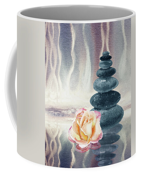 Zen Rocks Coffee Mug featuring the painting Meditative Calm And Peaceful Relaxing Zen Rocks Cairn Spa Collection With Flower Watercolor VI by Irina Sztukowski