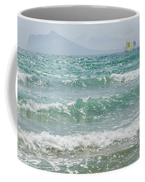 Mediterranean Sea Coffee Mug featuring the photograph Mediterranean Sea with waves and sailboats by Adriana Mueller