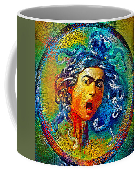 Medusa Coffee Mug featuring the digital art Medusa by Caravaggio - colorful mosaic by Nicko Prints