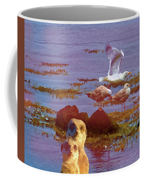 Meerkats Coffee Mug featuring the mixed media Meerkats Visit the Sea Coast by Shelli Fitzpatrick