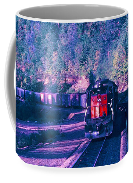 Train Coffee Mug featuring the photograph VINTAGE RAILROAD - SD45 8890 Meeting a Freight Train by John and Sheri Cockrell