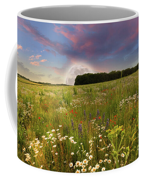 Norfolk Coffee Mug featuring the photograph Mega moon rising over flower meadow by Simon Bratt