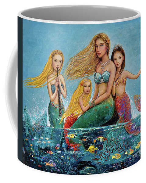 Mermaid Coffee Mug featuring the painting Mermaid Family by Shijun Munns