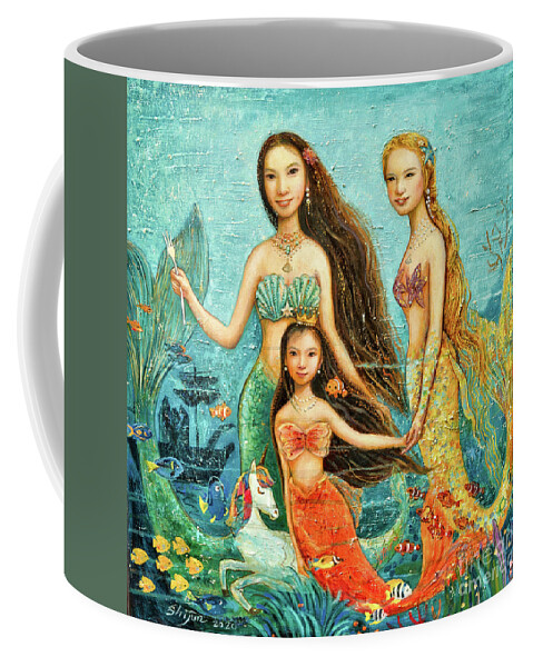 Mermaid Coffee Mug featuring the painting Mermaid Sisters by Shijun Munns